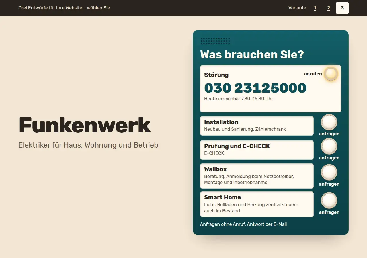 Elektro Funkenwerk, variant 3: first screen