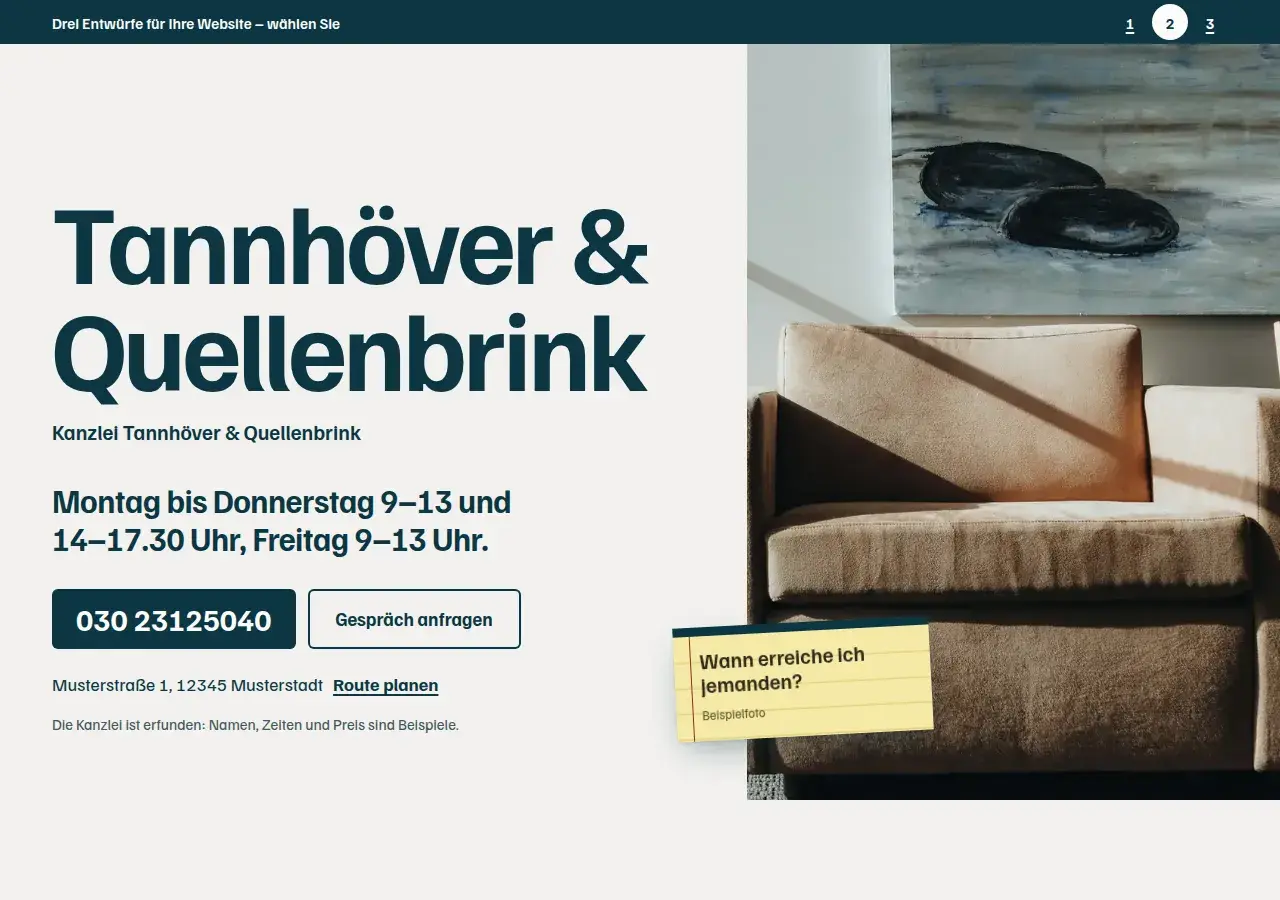 Kanzlei Tannhöver & Quellenbrink, variant 2: first screen