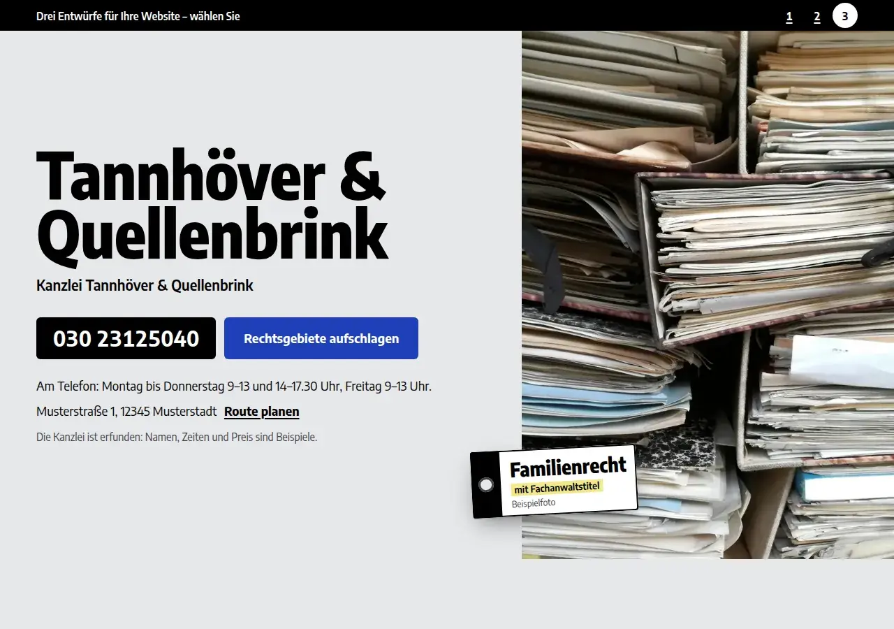 Kanzlei Tannhöver & Quellenbrink, variant 3: first screen