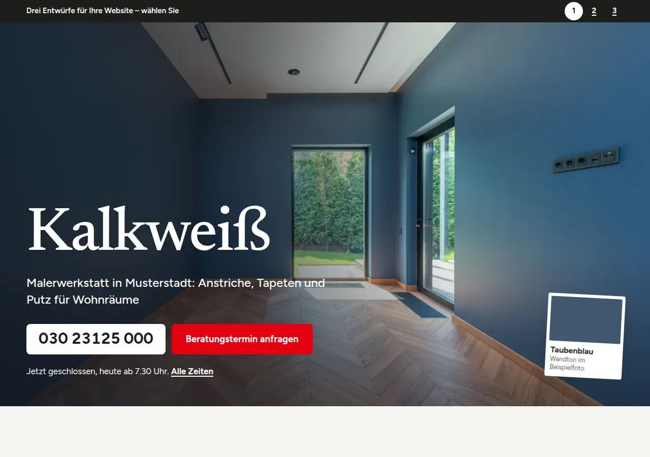 Malerwerkstatt Kalkweiß, вариант 1: первый экран