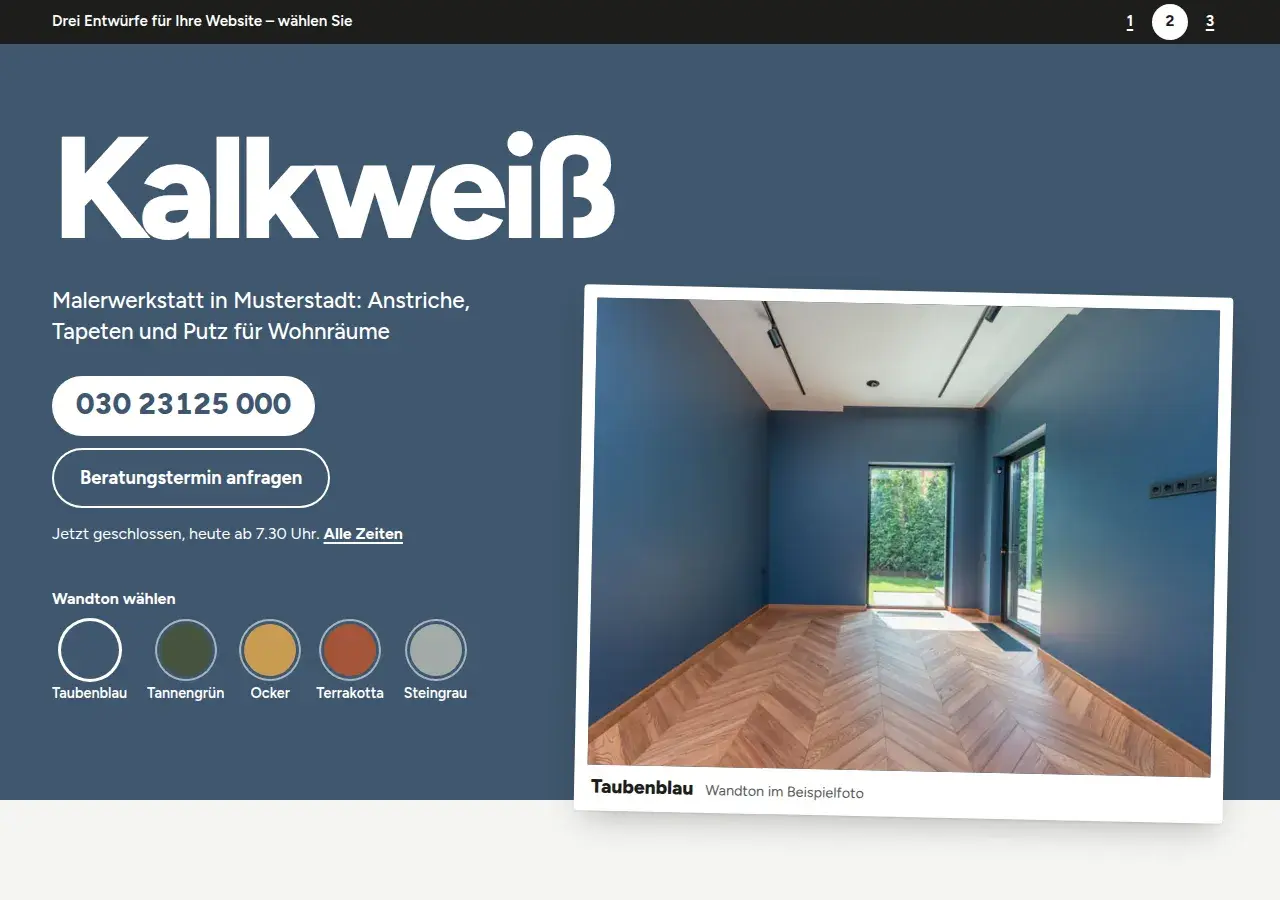 Malerwerkstatt Kalkweiß, вариант 2: первый экран