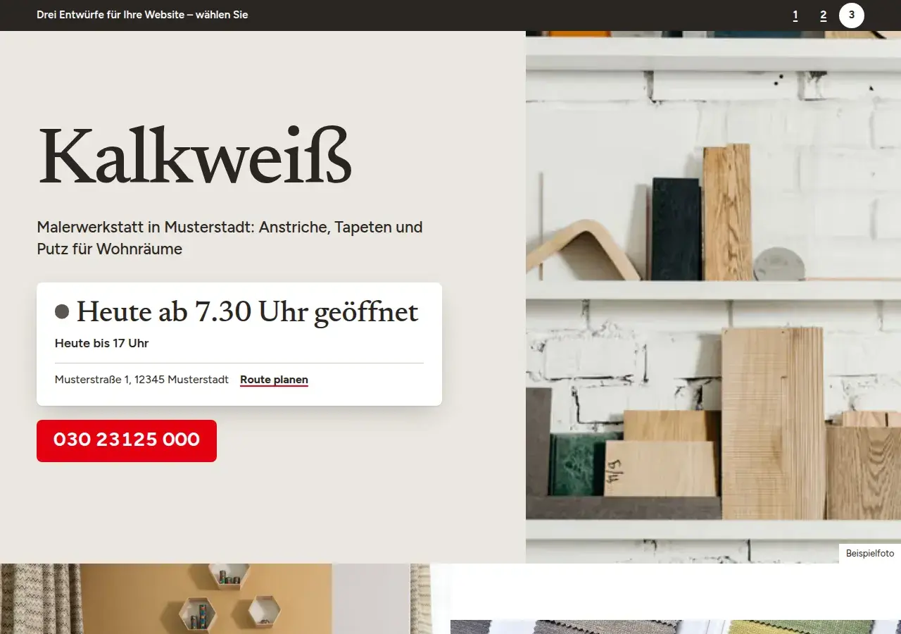 Malerwerkstatt Kalkweiß, вариант 3: первый экран