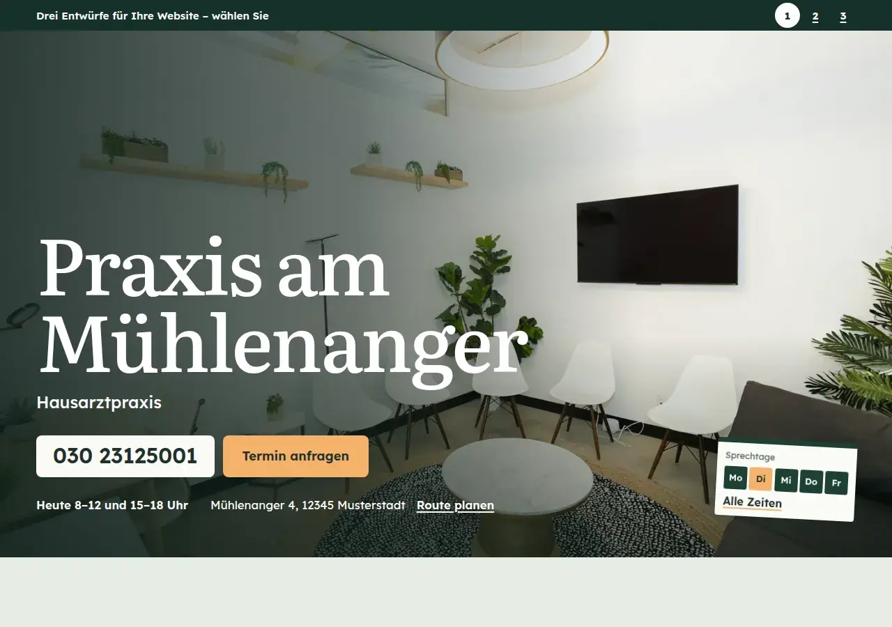Praxis am Mühlenanger, variant 1: first screen