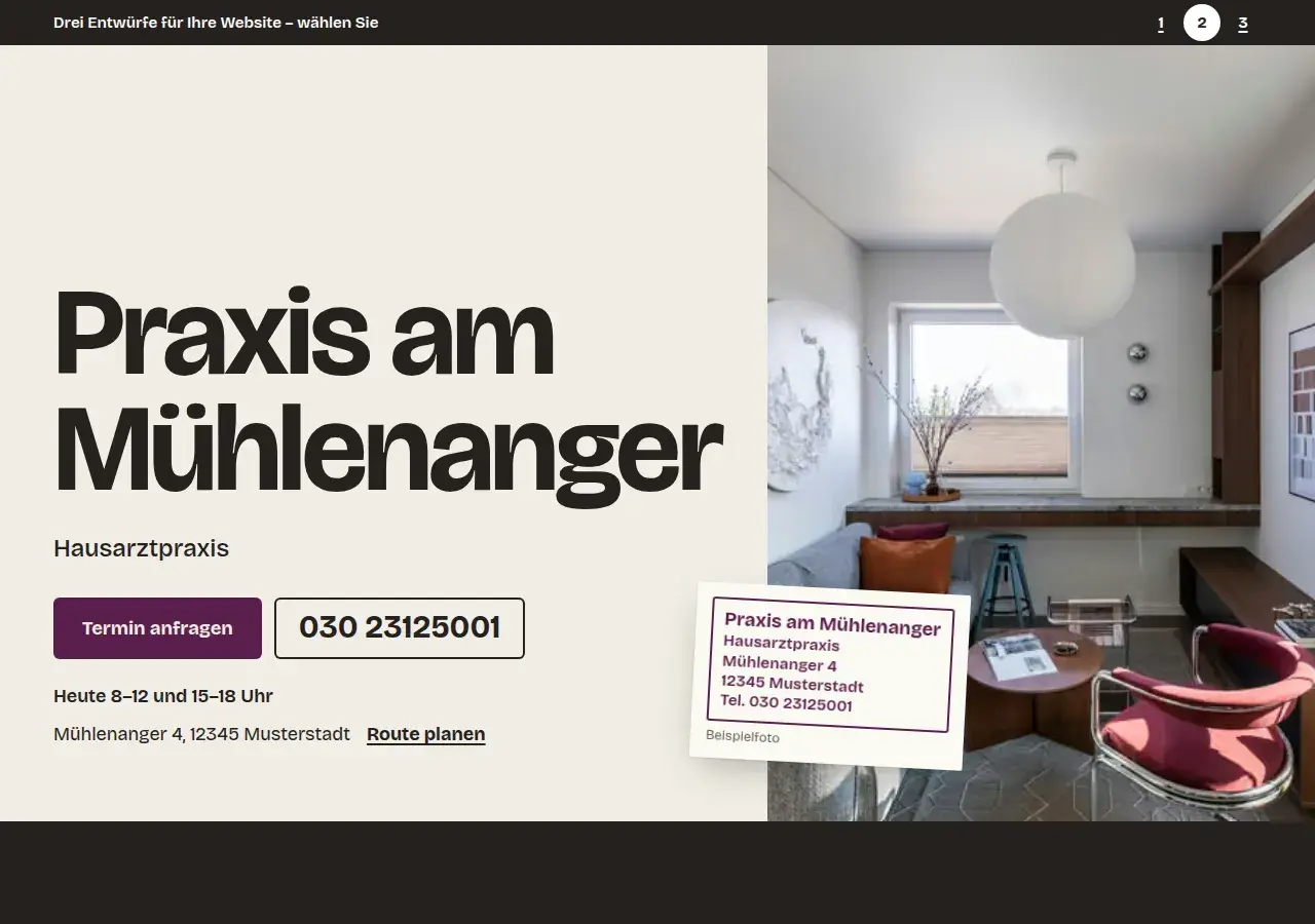 Praxis am Mühlenanger, variant 2: first screen