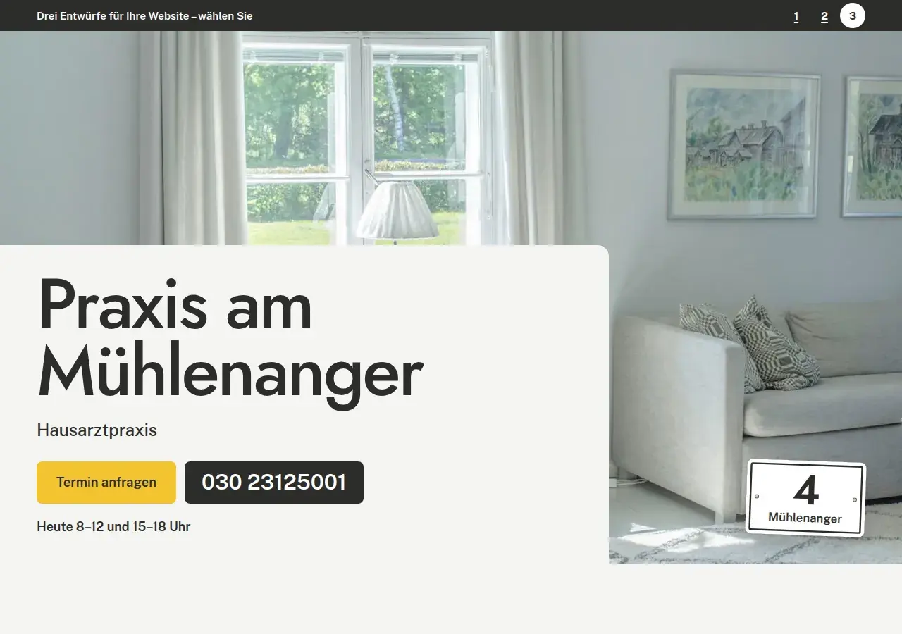 Praxis am Mühlenanger, variant 3: first screen