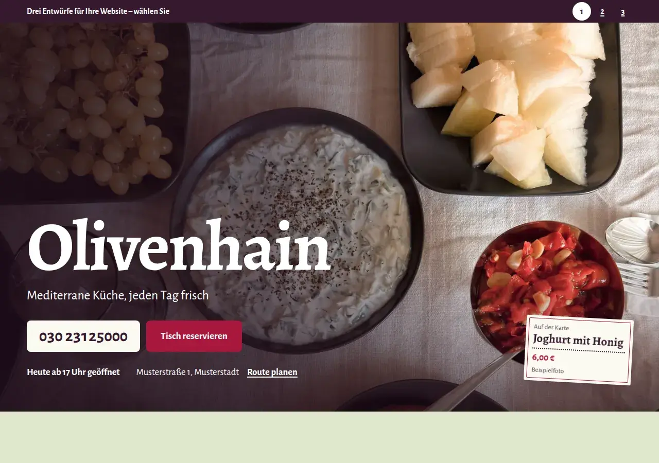 Taverne Olivenhain, Variante 1: erster Bildschirm