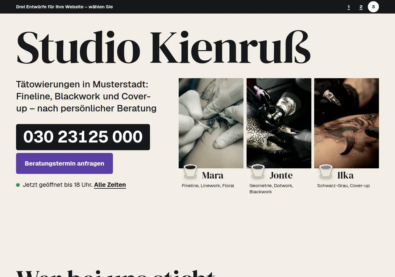 Studio Kienruß, variant 3: first screen
